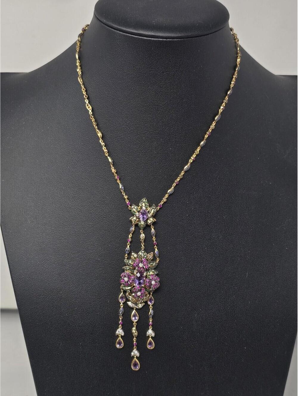 18k Gold Edwardian Revival Natural Gem Festoon Necklace - Picture 1 of 9